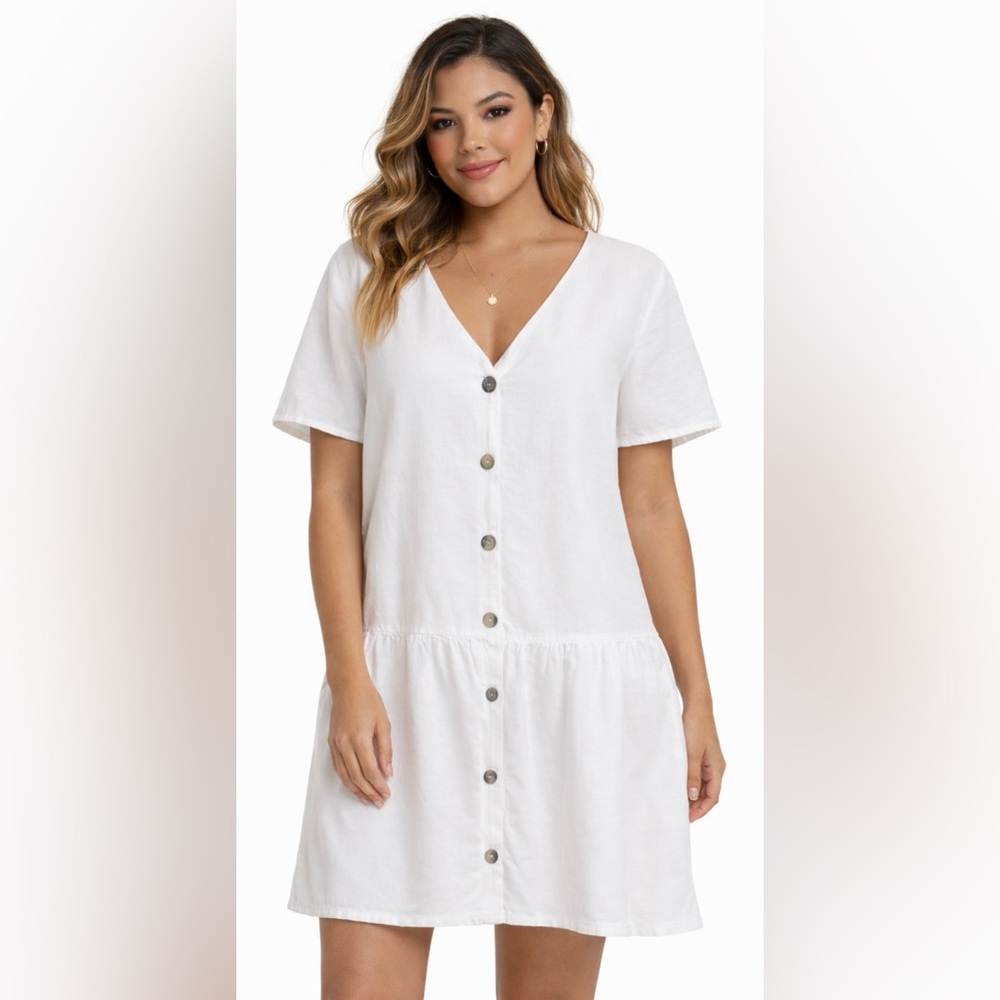 Stradivarius Linen‎ Cotton Blend Button Front Mini Dress Preppy Summer White M